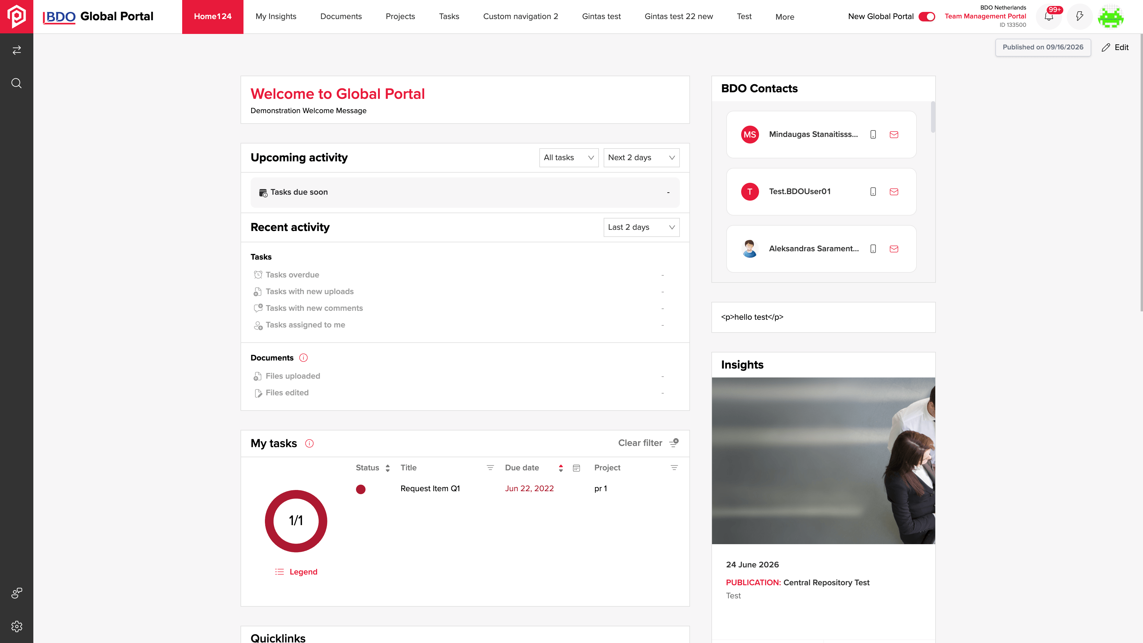 Client portal home and recent activity