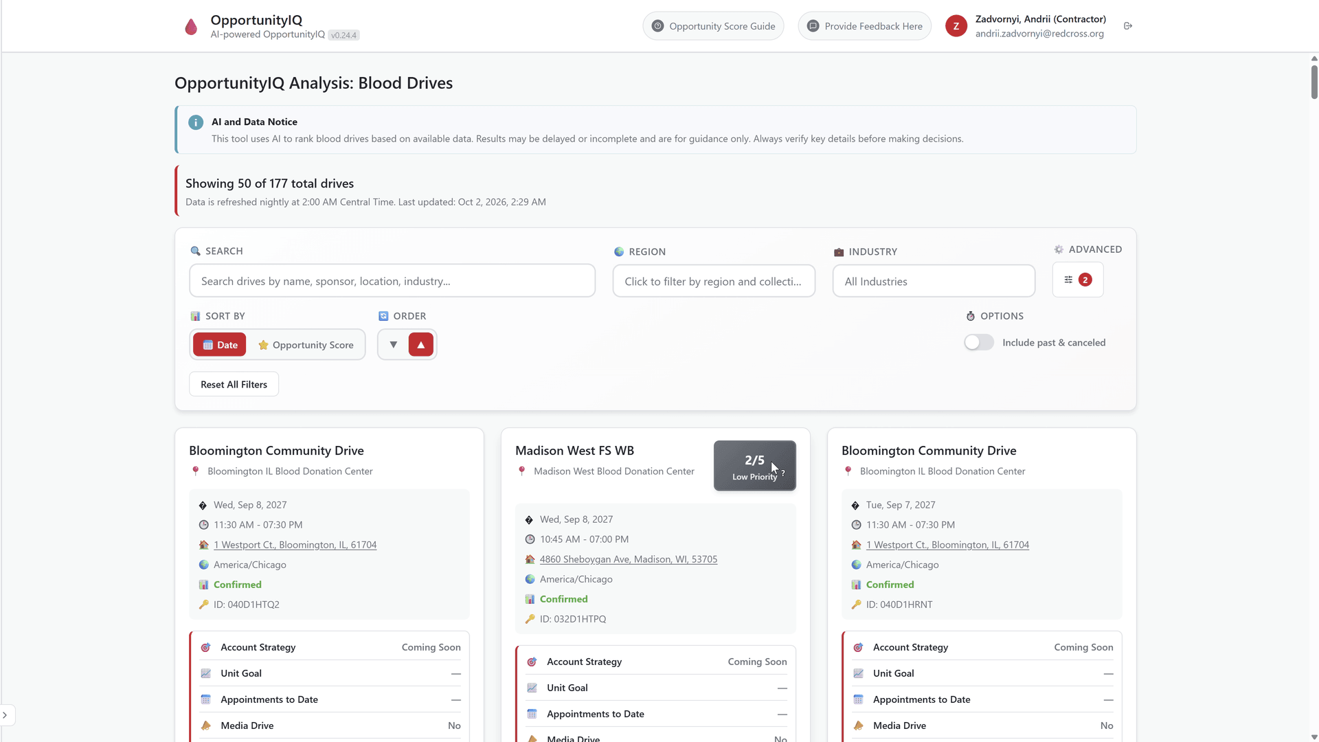 OpportunityIQ combines search, regional filters and date or score sorting with the drive cards.