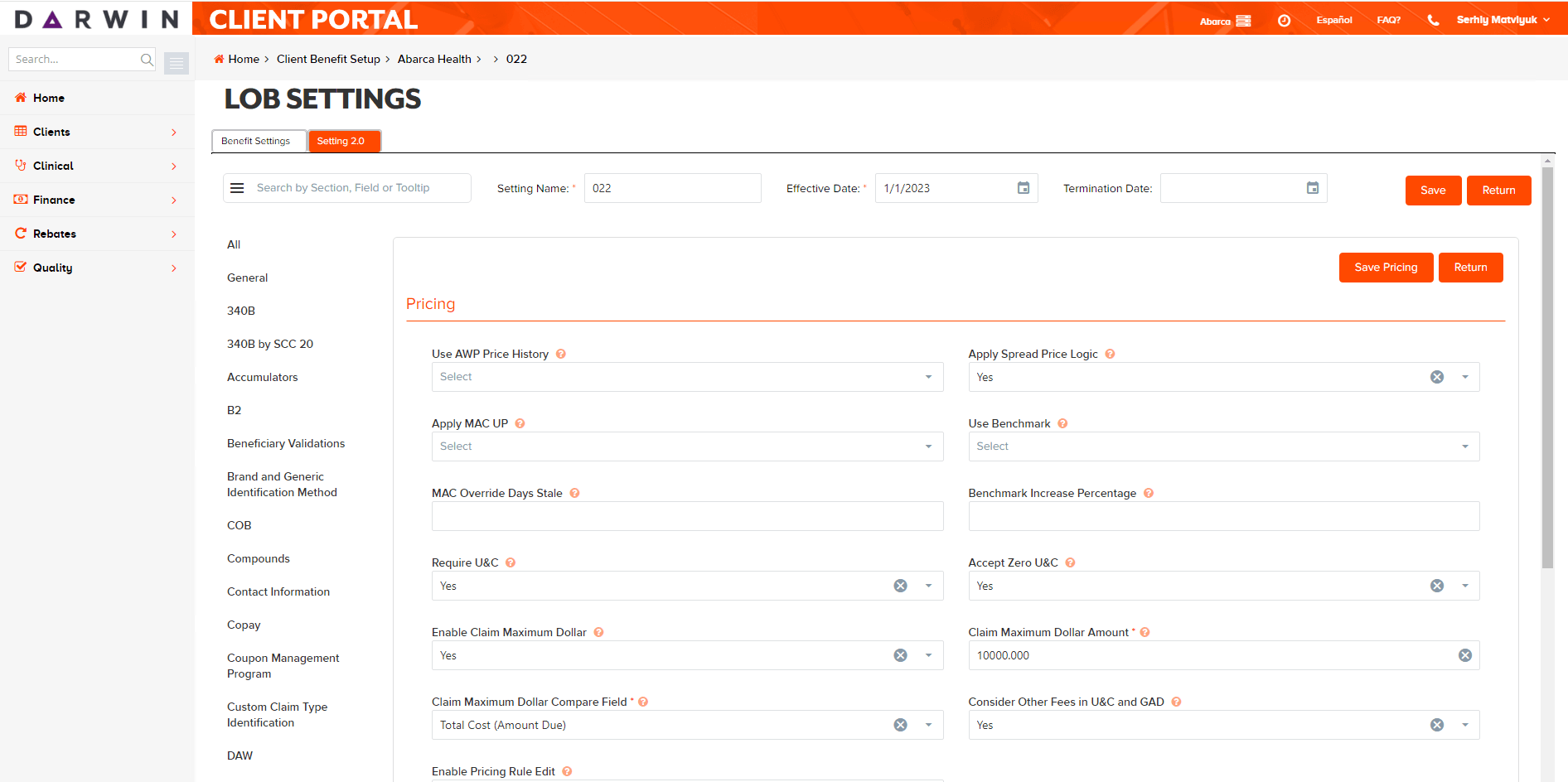 DARWIN: Pricing settings