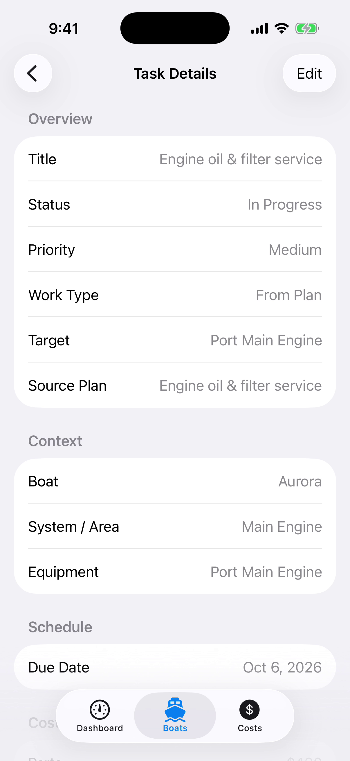 Boat 4DAT: Maintenance task details.