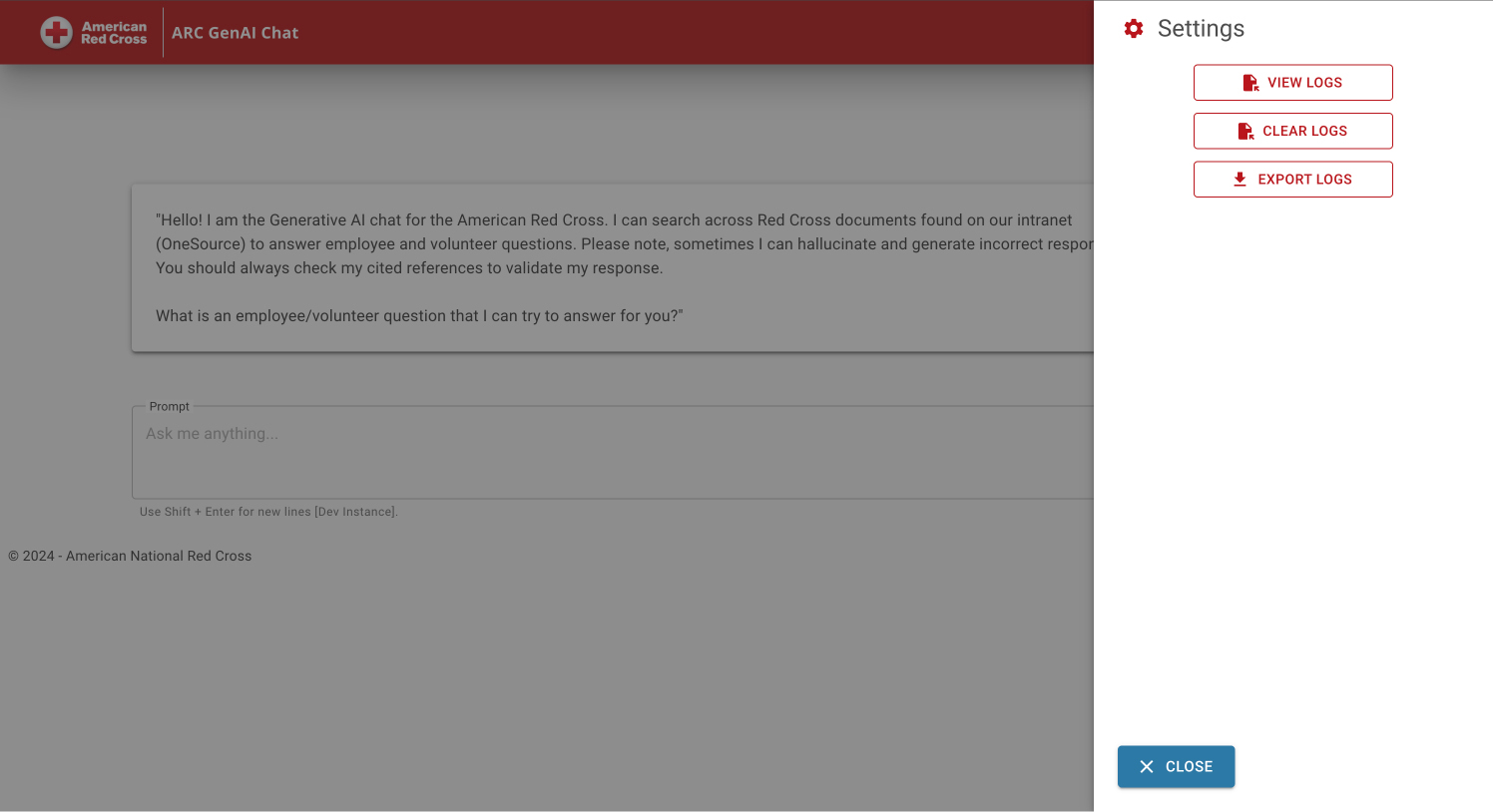 The settings drawer offers View Logs, Clear Logs and Export Logs actions without replacing the chat workspace.