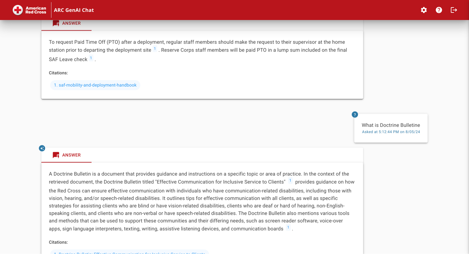 A question about a doctrine bulletin receives an explanation with linked references. The answer and its source are visible together in the conversation.