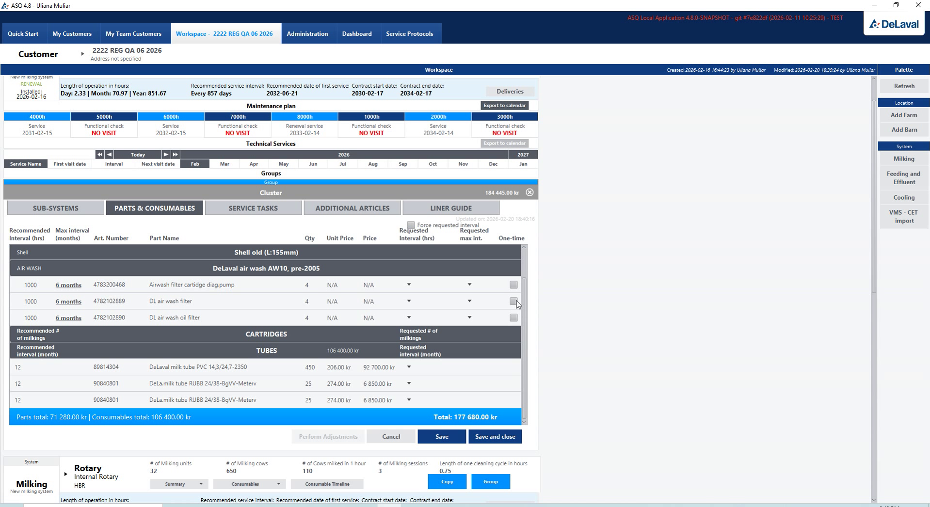 Parts, consumables and replacement intervals