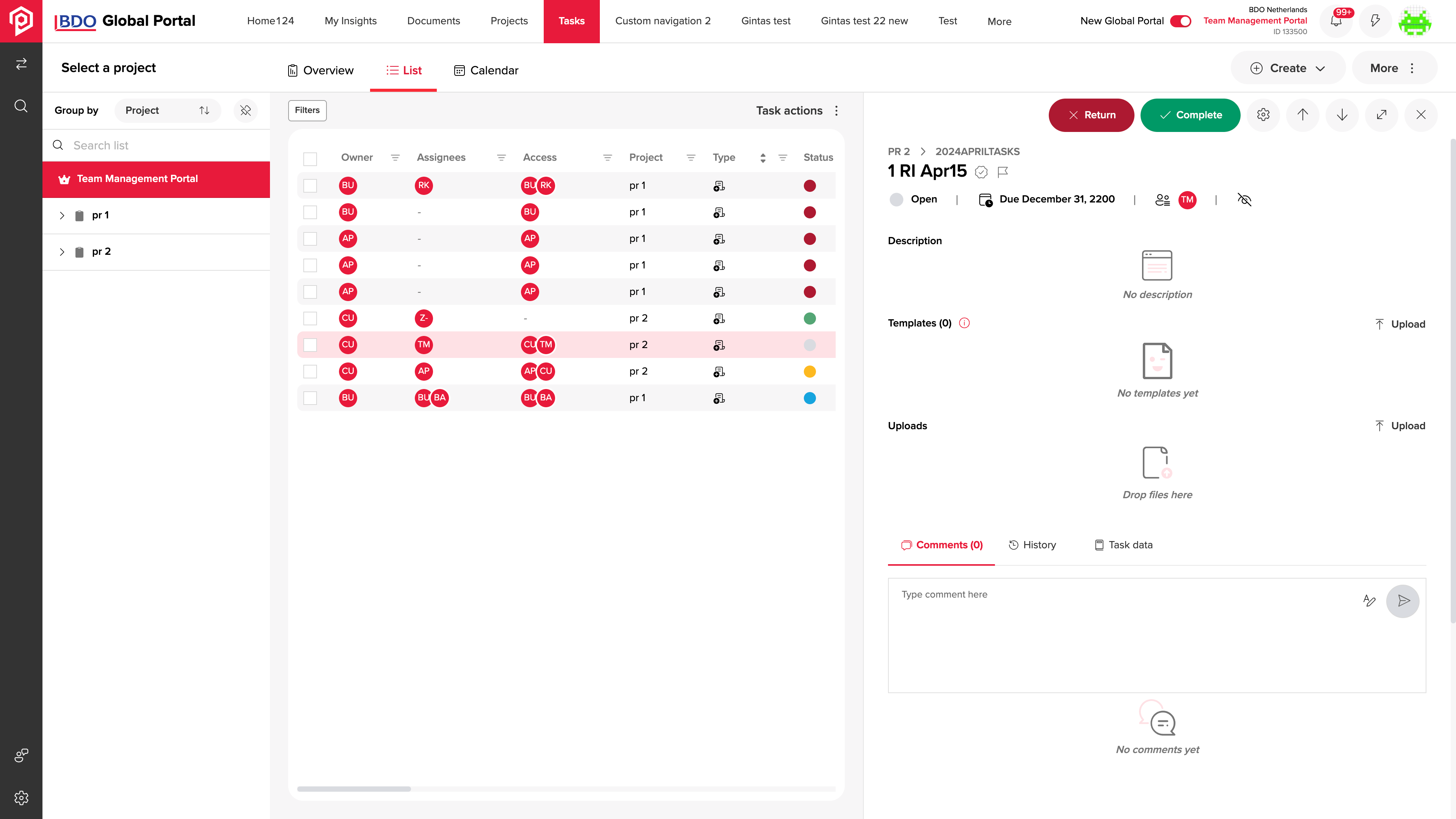 Open task and available actions
