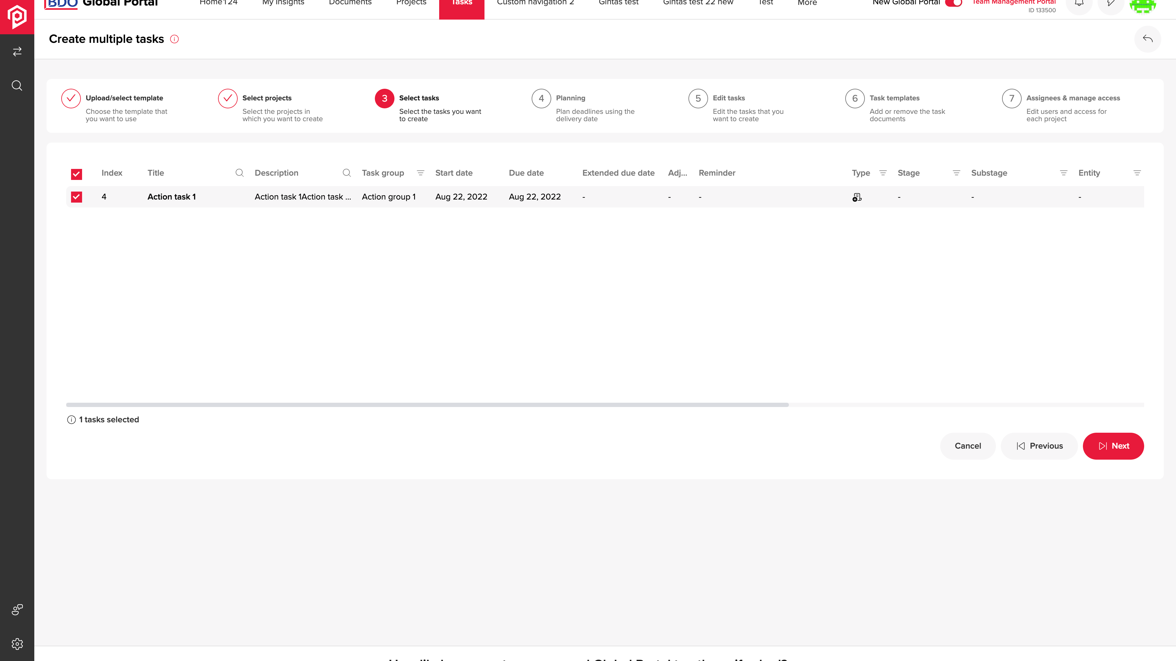 Choosing tasks from a template