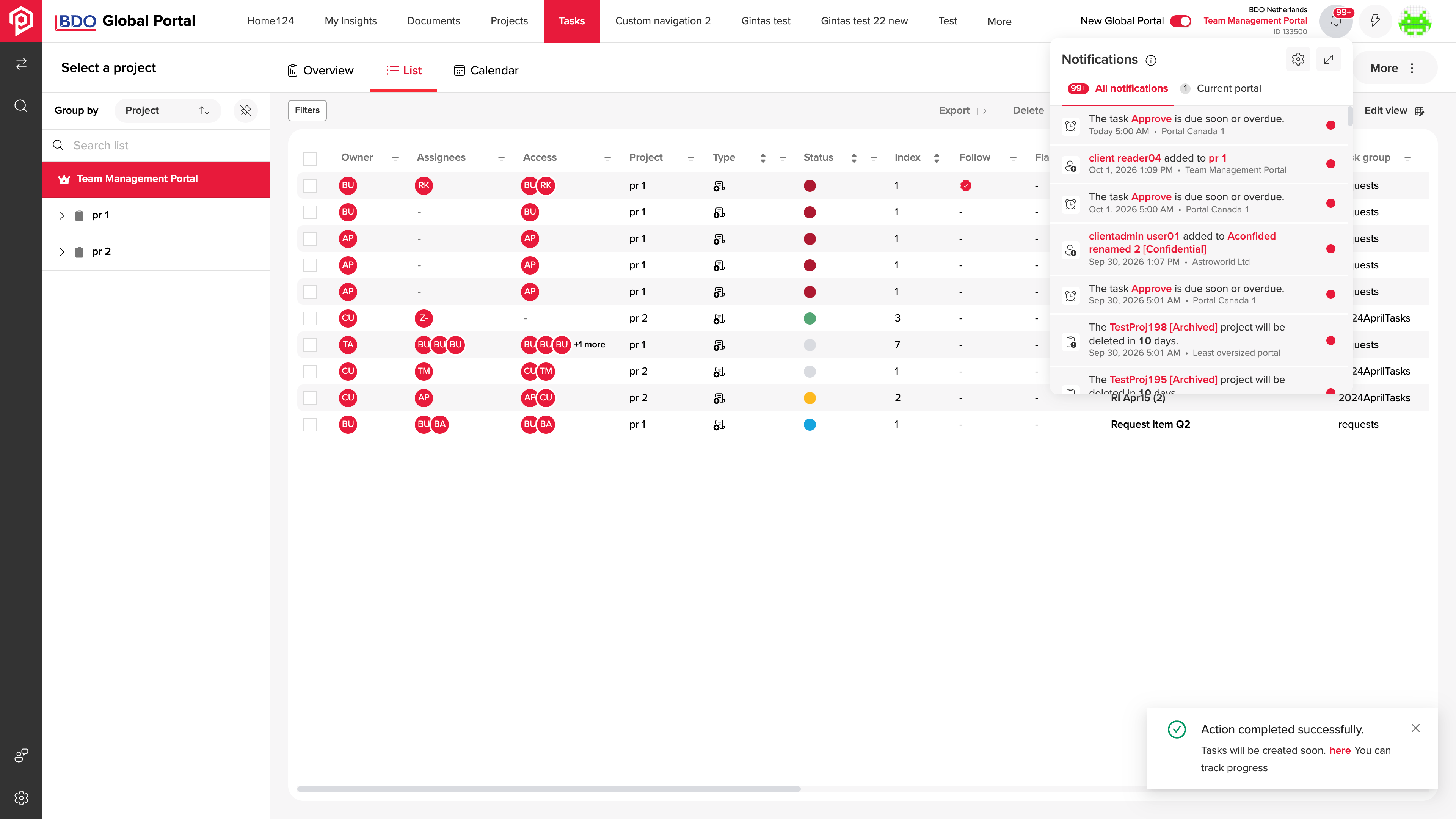 Notification panel beside the task list