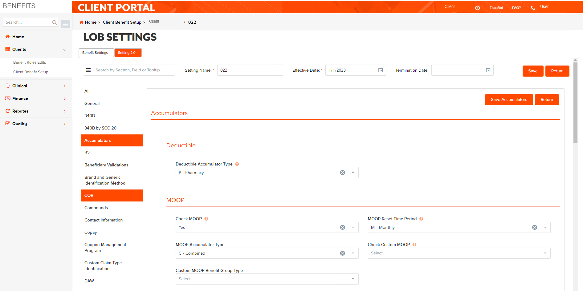 DARWIN deductible and out-of-pocket settings using the same navigation and form controls.