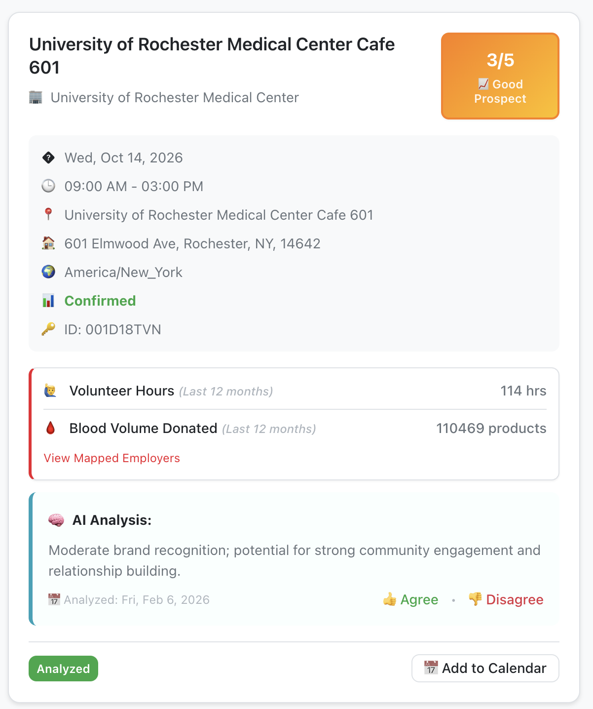 Earlier Blood Drives Report insight card with event details, a three-out-of-five score, historical signals and AI review controls.
