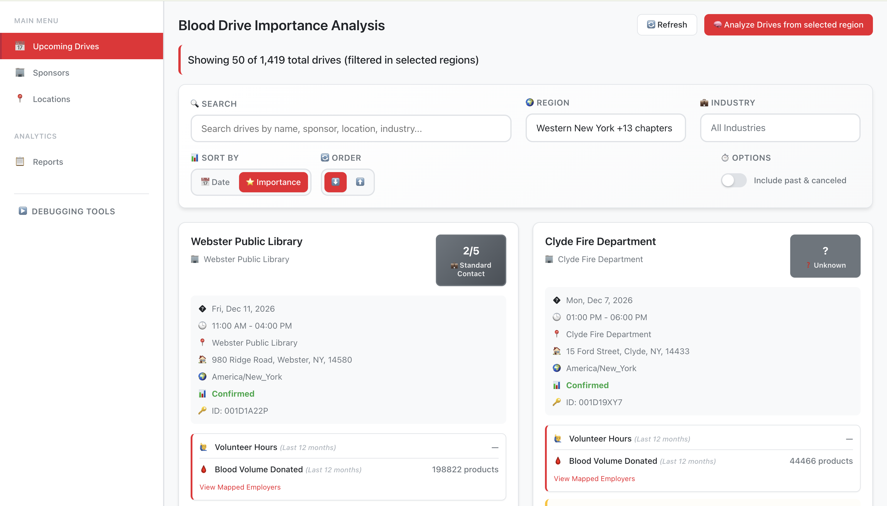 Blood Drives Report list with search, region and industry filters, date or importance sorting and rated or unknown opportunity cards.
