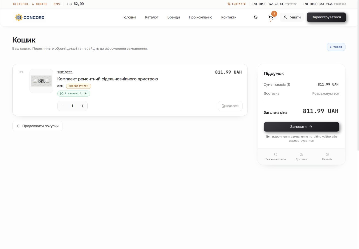 Selected part and cart summary