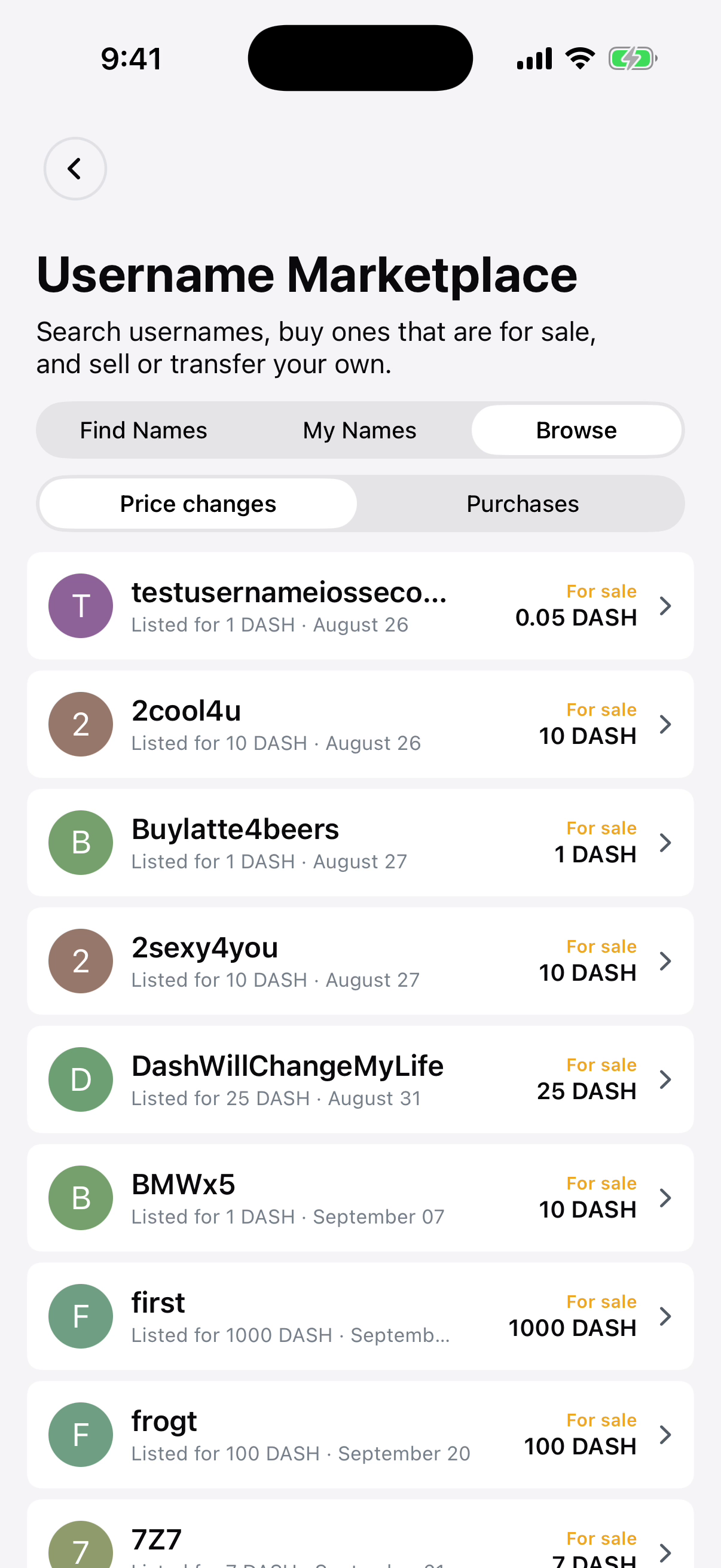 Dash Wallet iOS: Rynek nazw użytkowników DashPay.