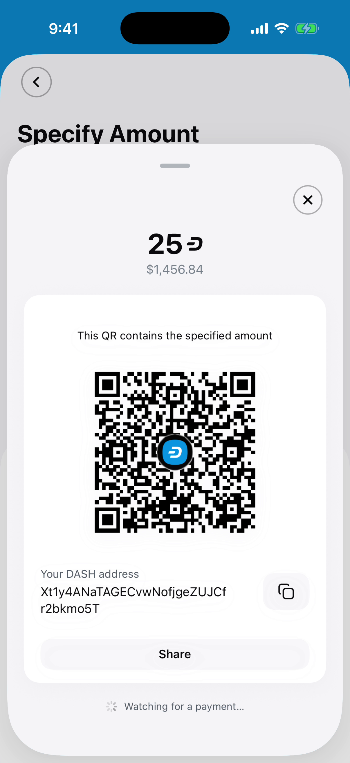 Dash Wallet iOS: QR code with a requested amount.