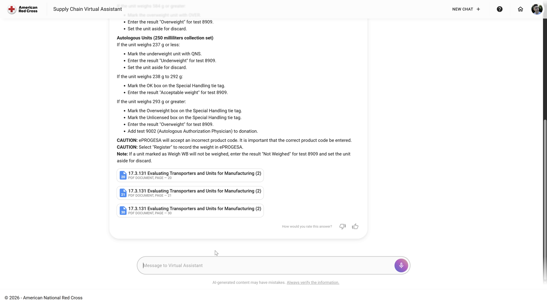 The Supply Chain assistant places document names and page references directly beneath its response.