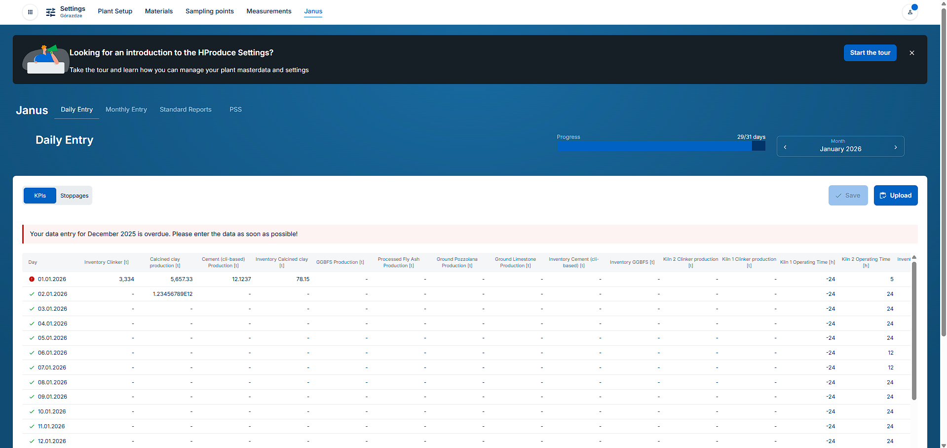 Janus: Daily production entry