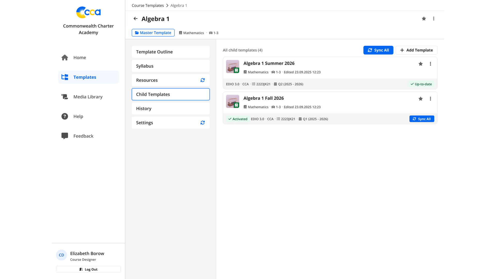 The LCMS course overview connects a master template to child templates and their synchronisation states.