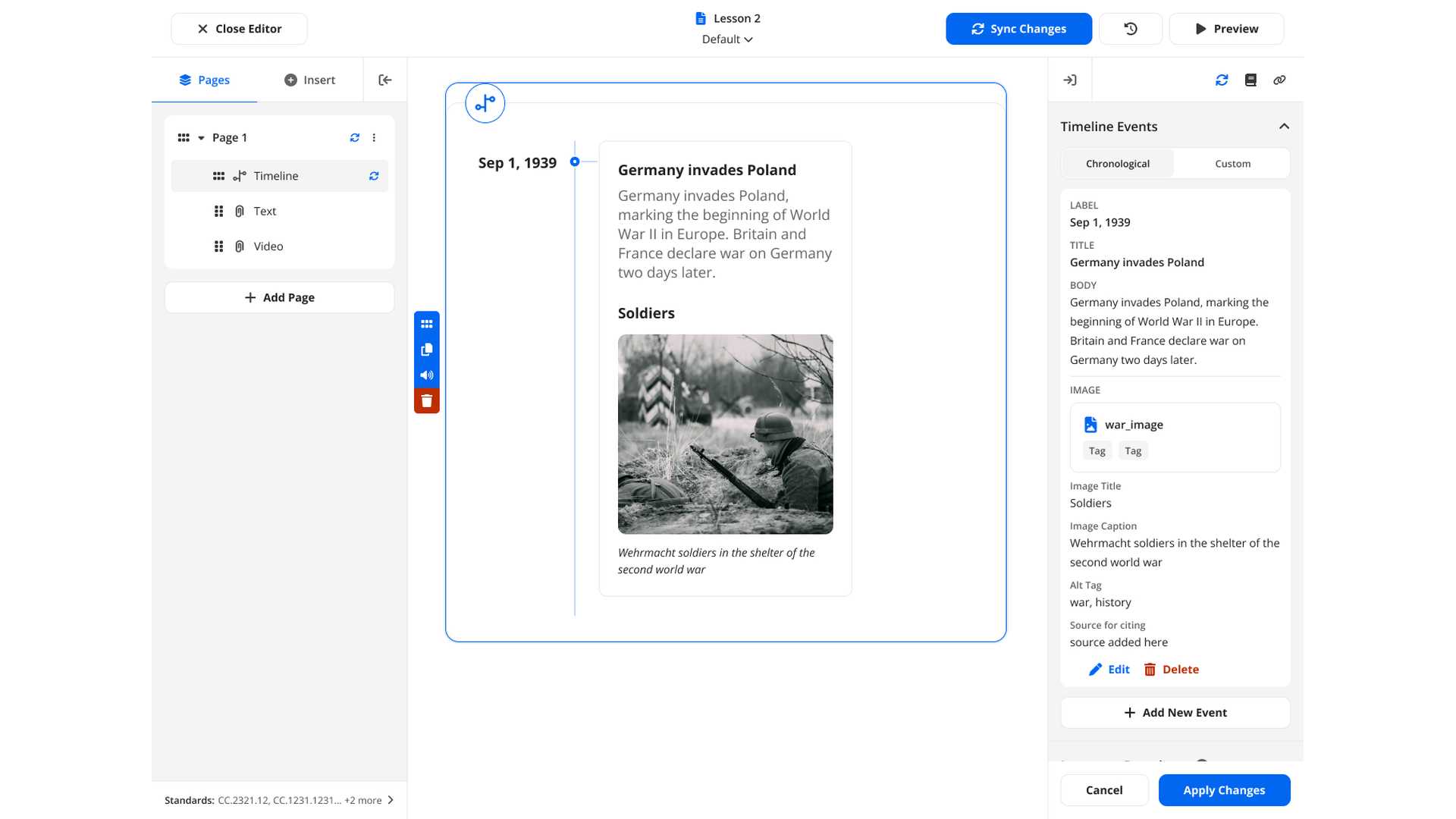 The lesson editor places pages and content elements beside a visual canvas and the selected element’s properties.