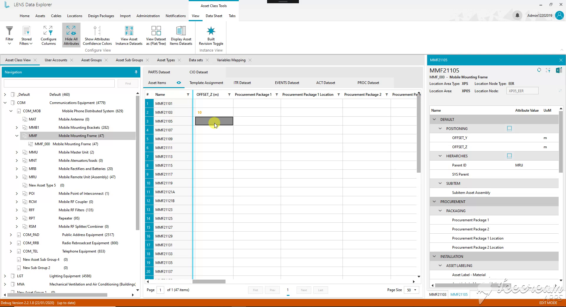 Property editing in the asset register