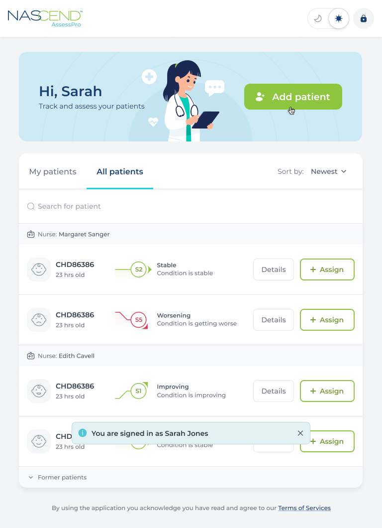 NASCEND patient roster with nurse assignments, patient search, status indicators and links to patient details.