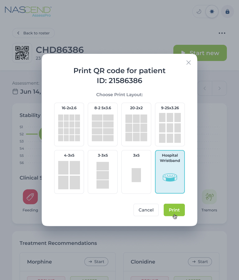 Okno drukowania kodu QR pacjenta NASCEND z układami etykiet i opcją opaski szpitalnej.