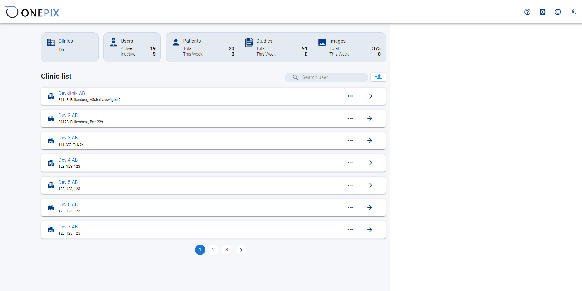 Clinics, users, patients and studies appear in a shared overview.