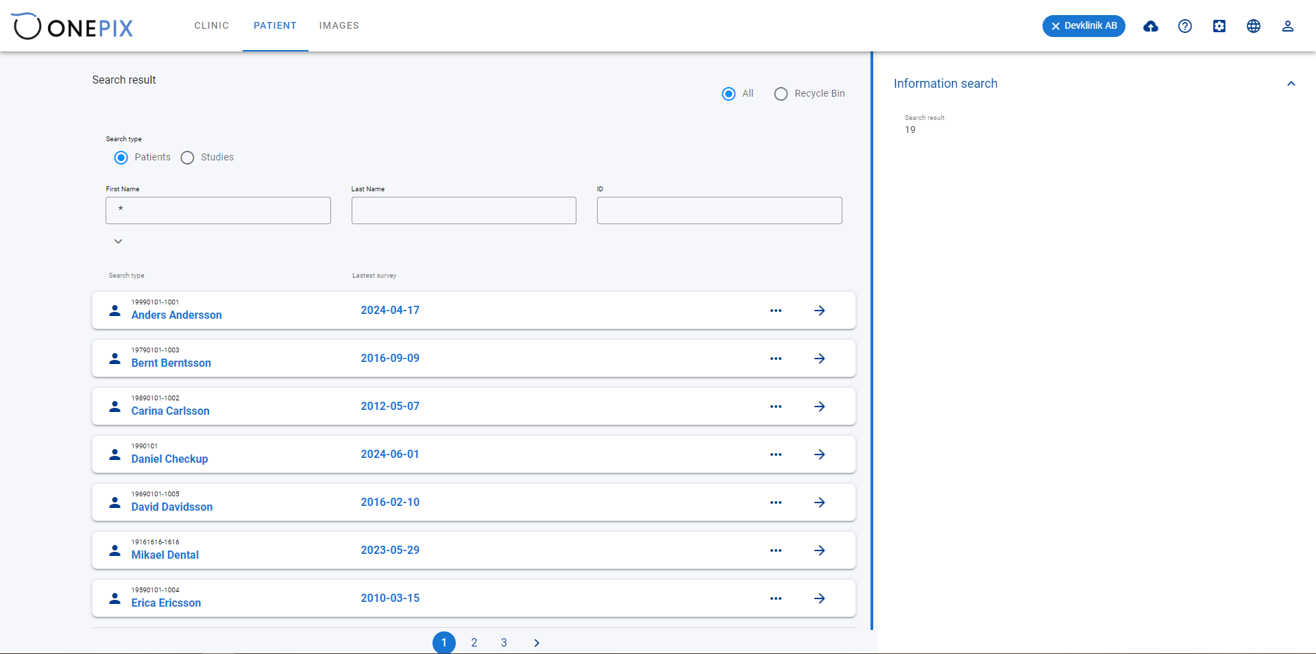 Search the clinic’s patient list and open the record needed for the next task.