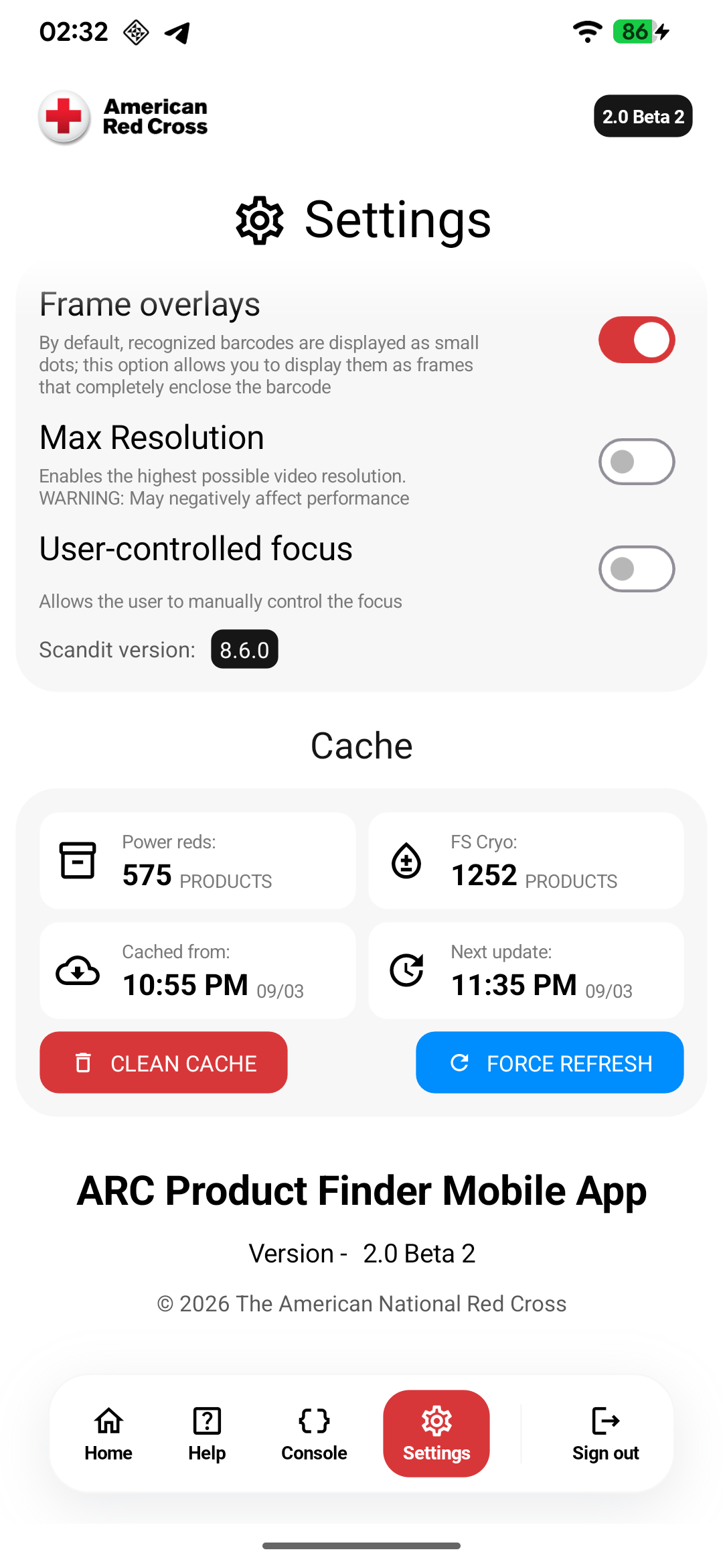 Ustawienia skanera mobilnego i stan pamięci podręcznej produktów