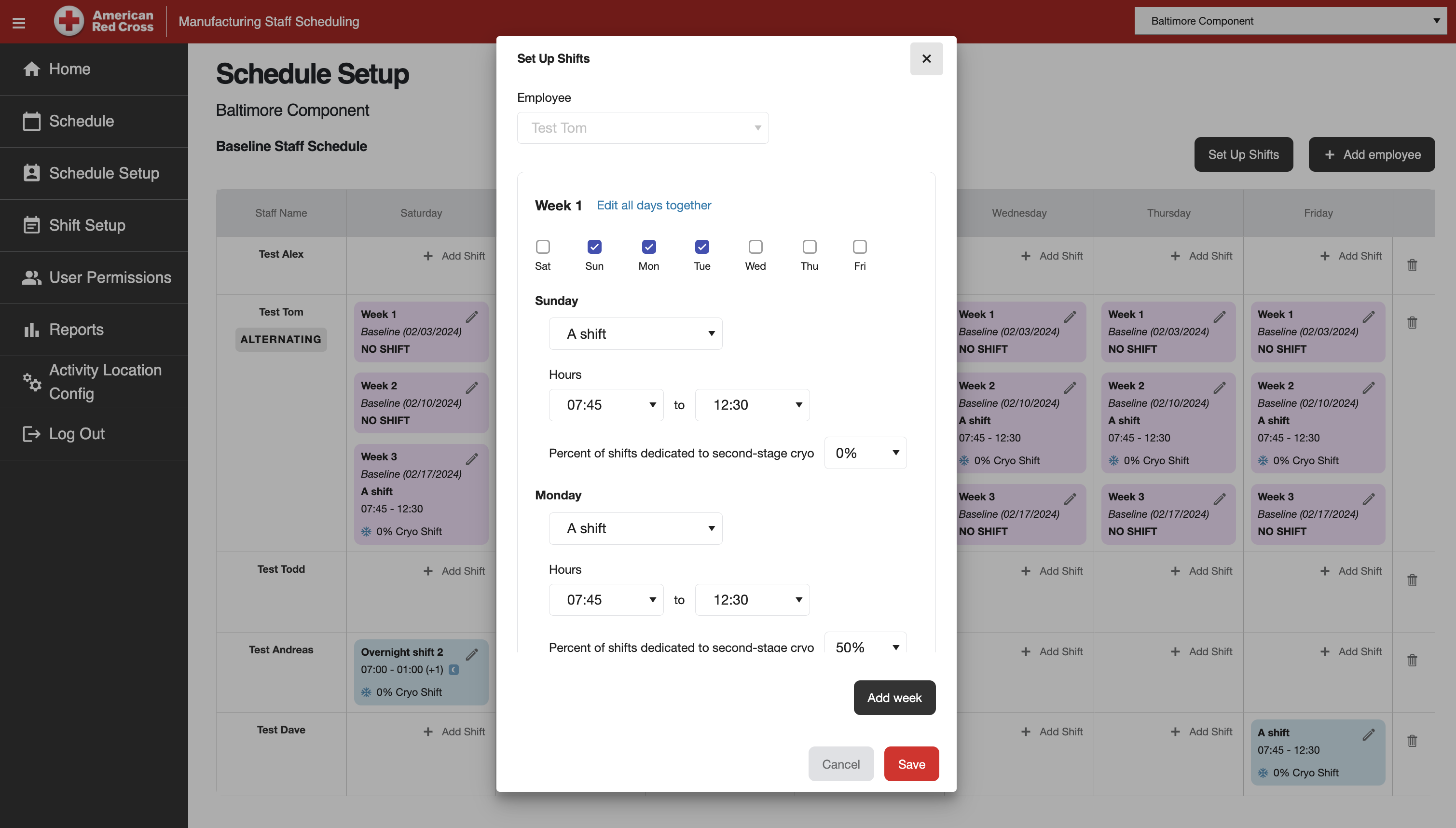 Each week in the employee pattern has its own working days, shift hours and cryo allocation. Another week can be added to the rotation.
