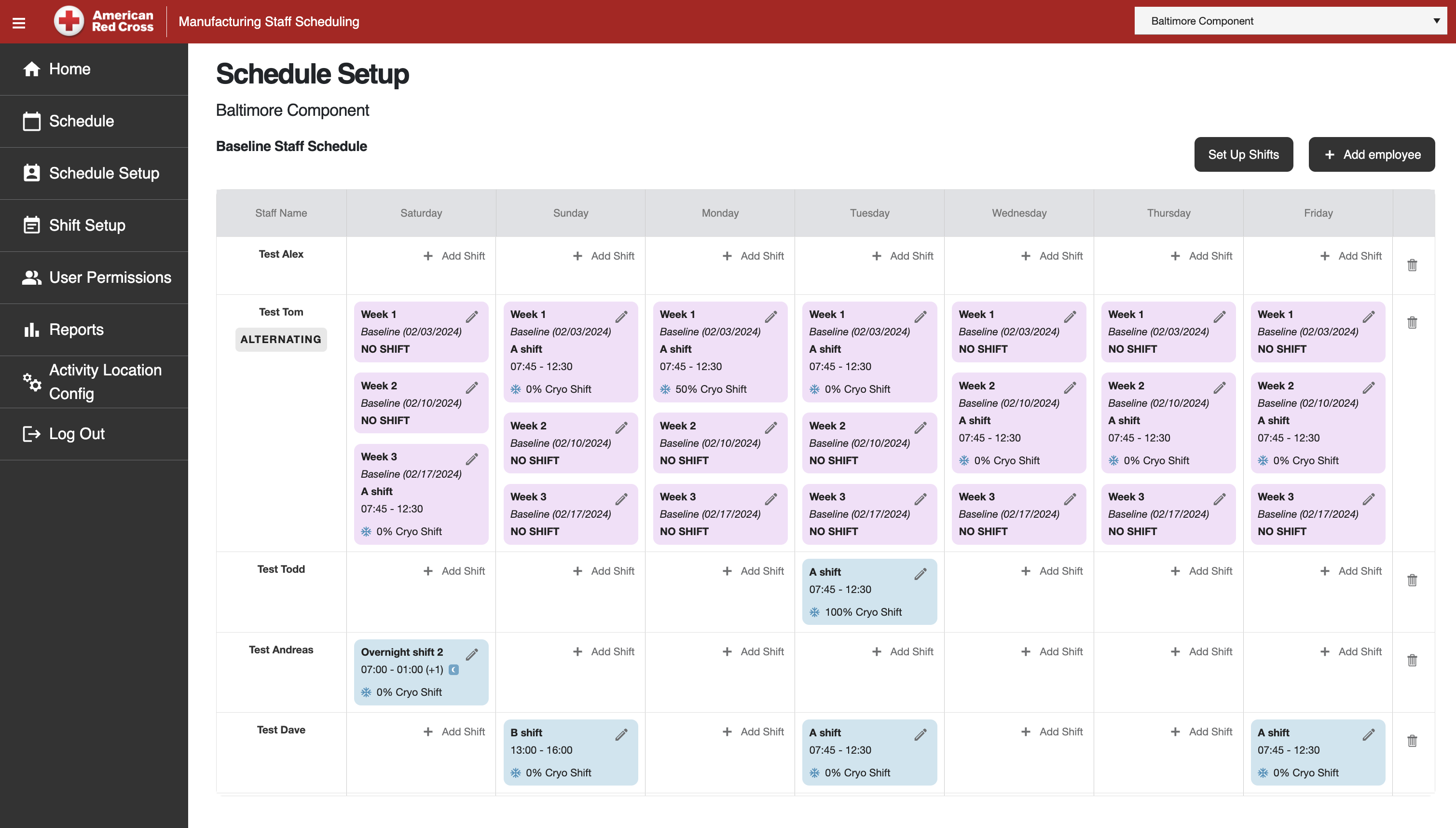 Employee rows record weekday assignments and repeating week patterns. Effective dates and cryo allocation are part of the baseline record.