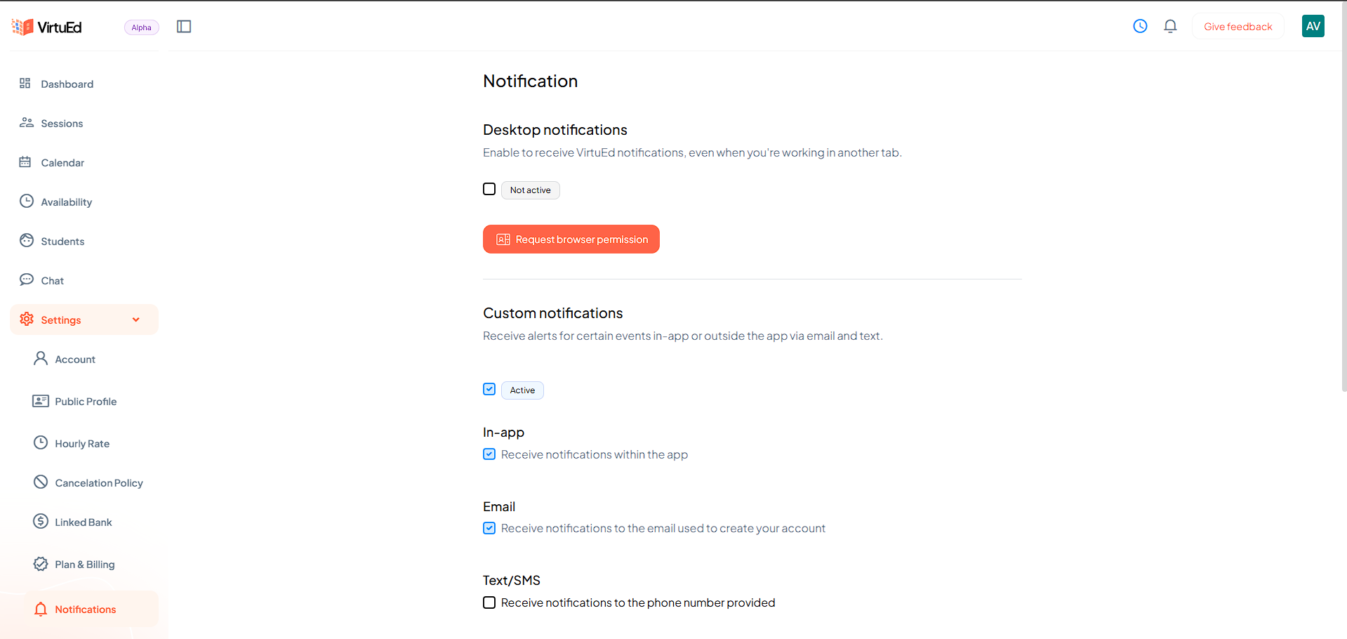 VirtuEd: Notification settings