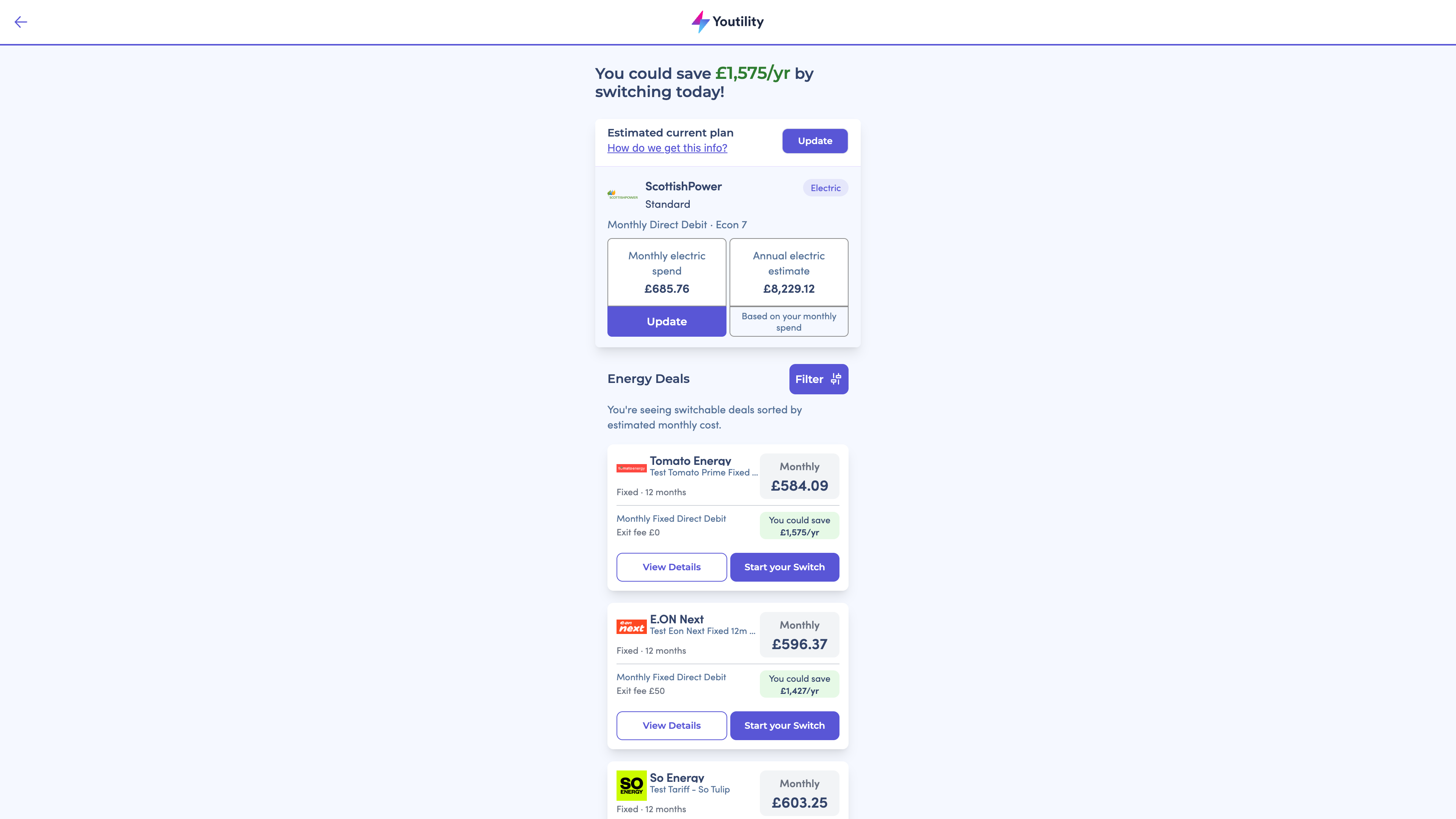 Current tariff and alternative plans